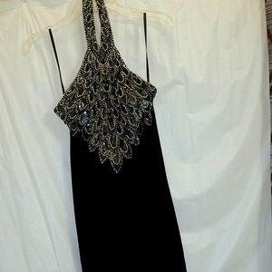 Long Black peacock and gold embellished gown Size 8